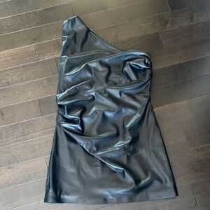 Divided Faux Leather One-Shoulder Dress